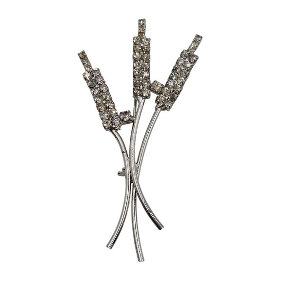 Vintage Silver-Tone Rhinestone Figural Cattail Flower Botanical Brooch Pin - Picture 1 of 13
